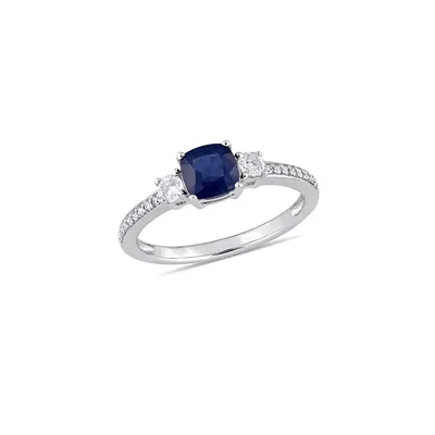 Blue and White Sapphire with 0.1 CT. T.W. Diamond Three-Stone Ring 14K Gold
