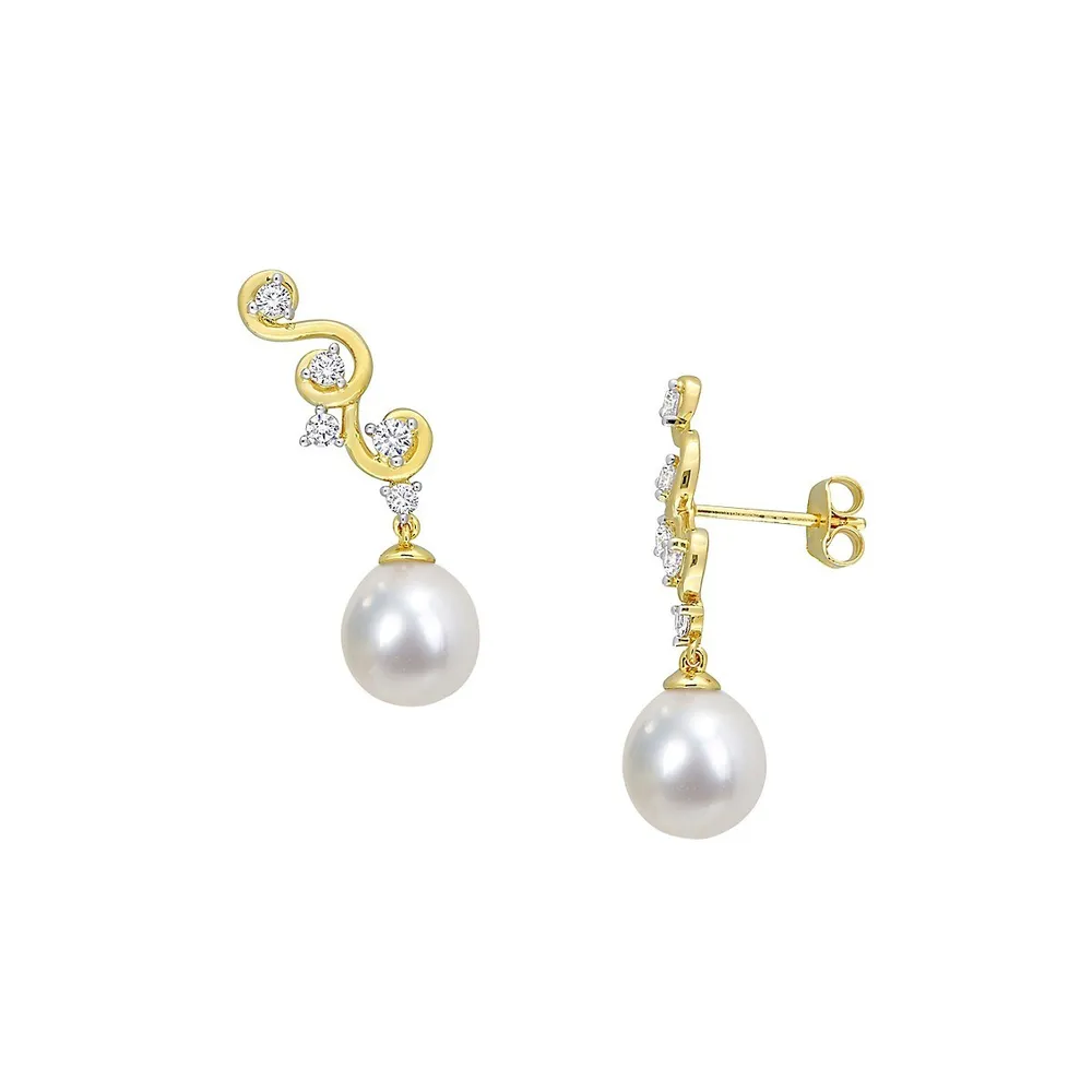 Yellow-Plated Sterling Silver, 8-9MM Cultured South Sea Pearl & Created Sapphire Infinity Drop Earrings