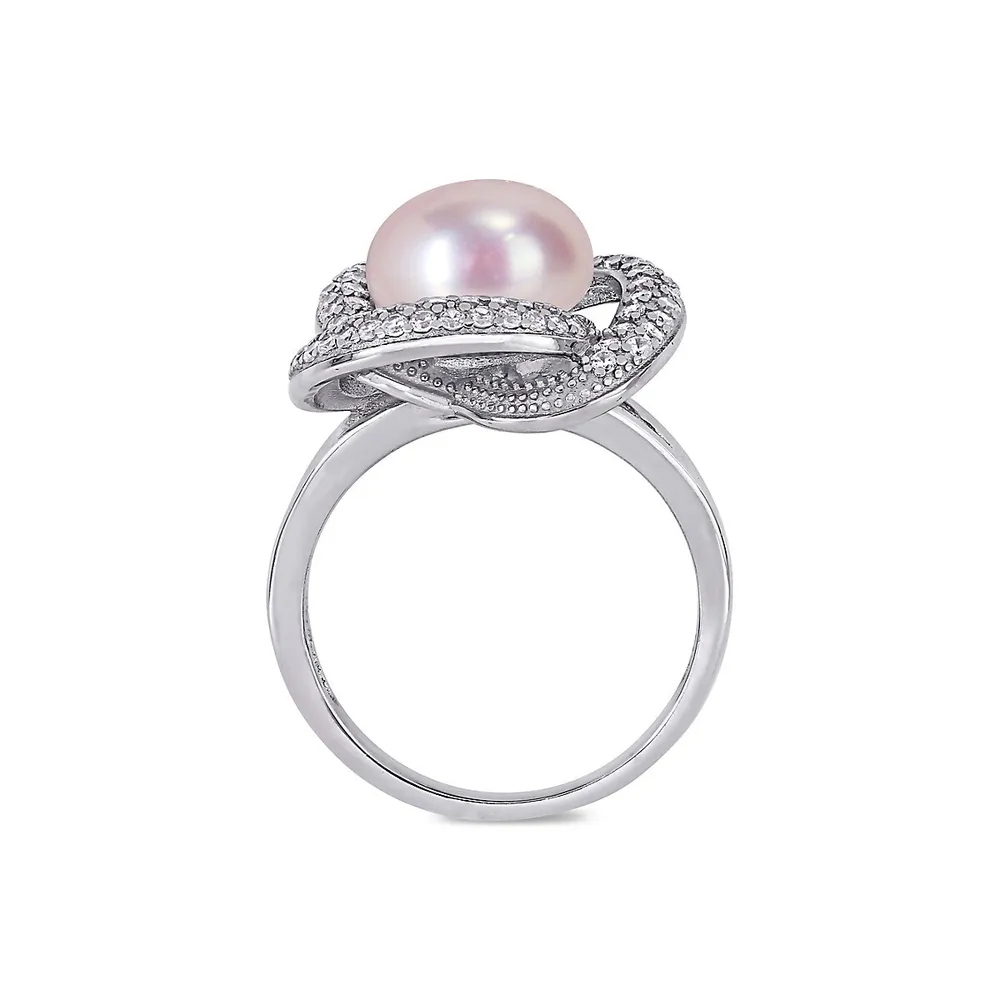 Bague à halo entrelacée en argent sterling, perle rose d'eau douce de culture 9 10 mm et zircon cubique