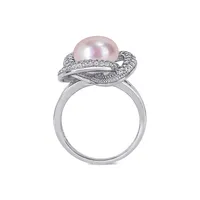 Sterling Silver, 9-10MM Pink Cultured Freshwater Pearl & Cubic Zirconia Interlaced Halo Ring