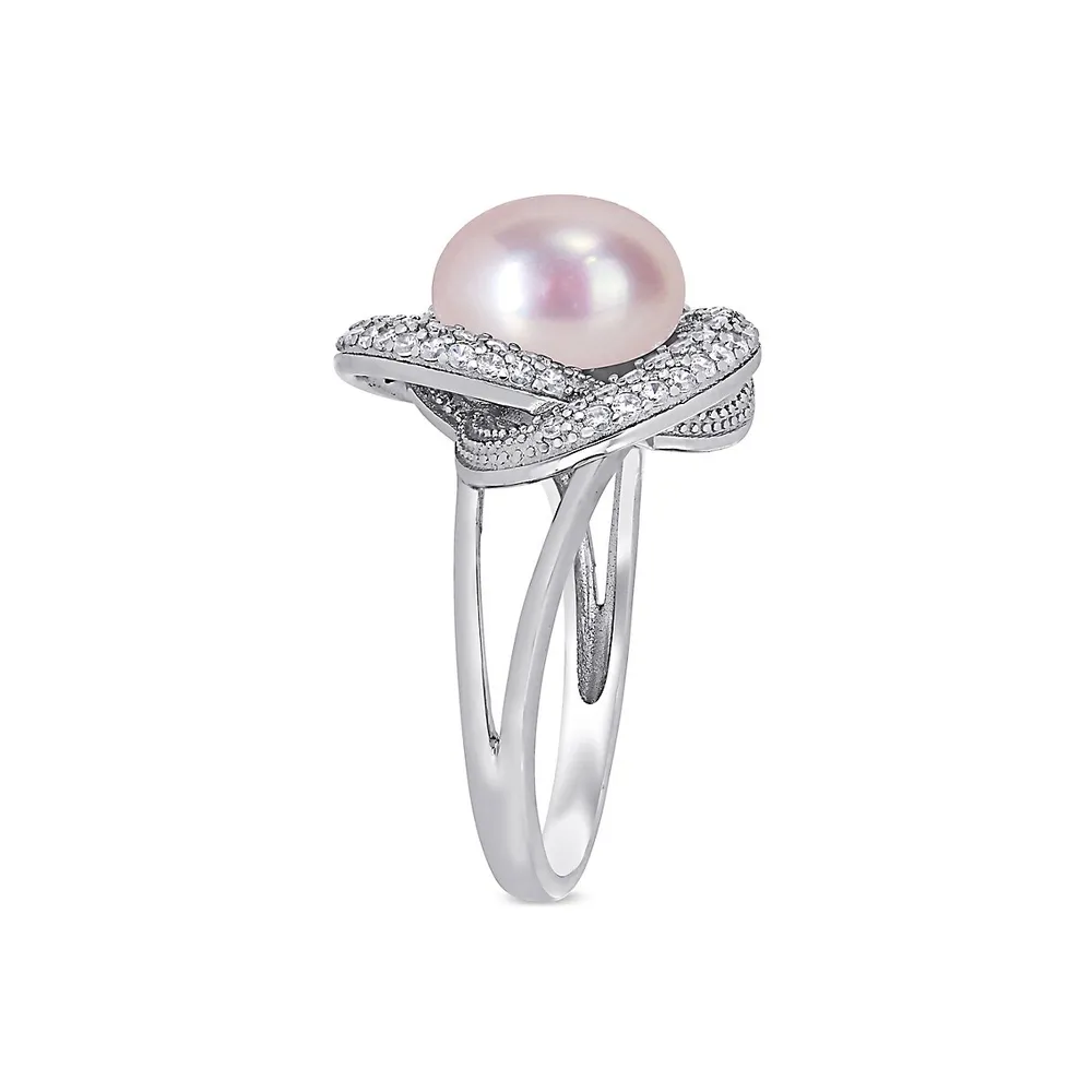 Sterling Silver, 9-10MM Pink Cultured Freshwater Pearl & Cubic Zirconia Interlaced Halo Ring