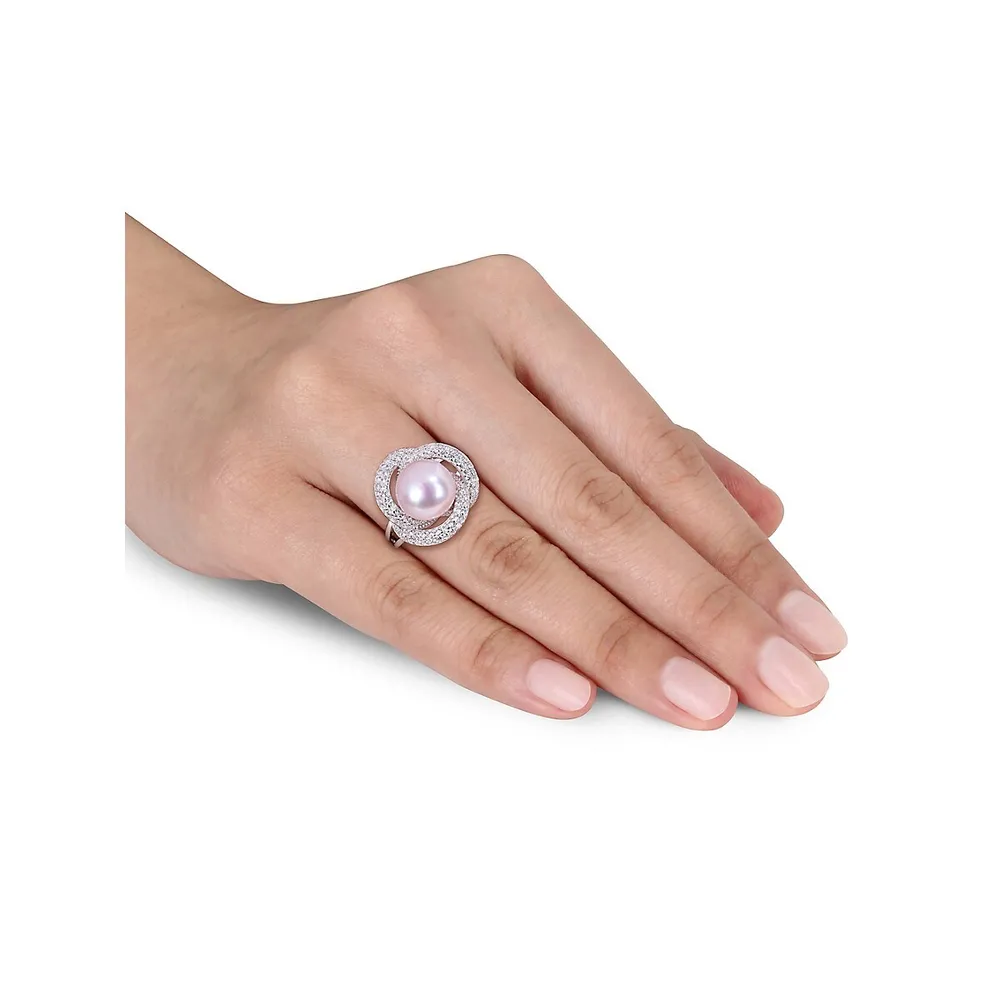 Sterling Silver, 9-10MM Pink Cultured Freshwater Pearl & Cubic Zirconia Interlaced Halo Ring