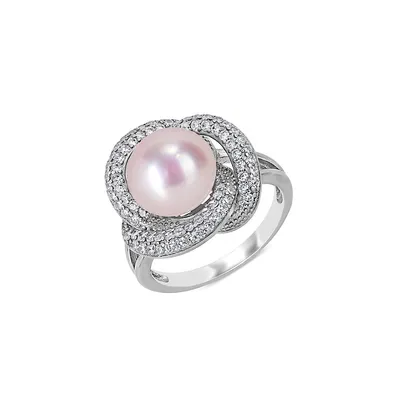 Sterling Silver, 9-10MM Pink Cultured Freshwater Pearl & Cubic Zirconia Interlaced Halo Ring