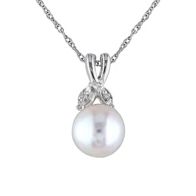 10K White Gold Chain Pendant Necklace with 7.5-8MM Cultured Freshwater Pearl and 0.01 CT. T.W. Diamonds