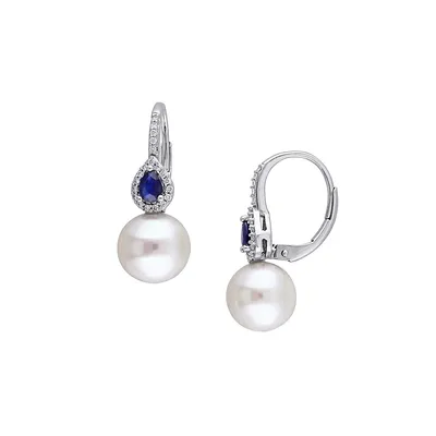 14K White Gold, 9MM-9.5MM Cultured Freshwater Pearl, Sapphire & 0.12 CT. T.W. Diamond Drop Earrings