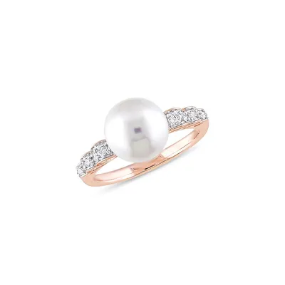 10K Rose Gold, 9-9.5MM White Freshwater Pearl & 0.12 CT. T.W. Diamond Ring