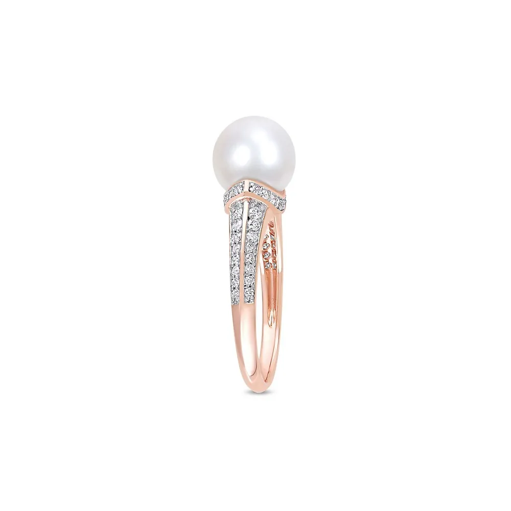 10K Rose Gold, 9-9.5MM White Freshwater Pearl & 0.33 CT. T.W. Diamond Ring