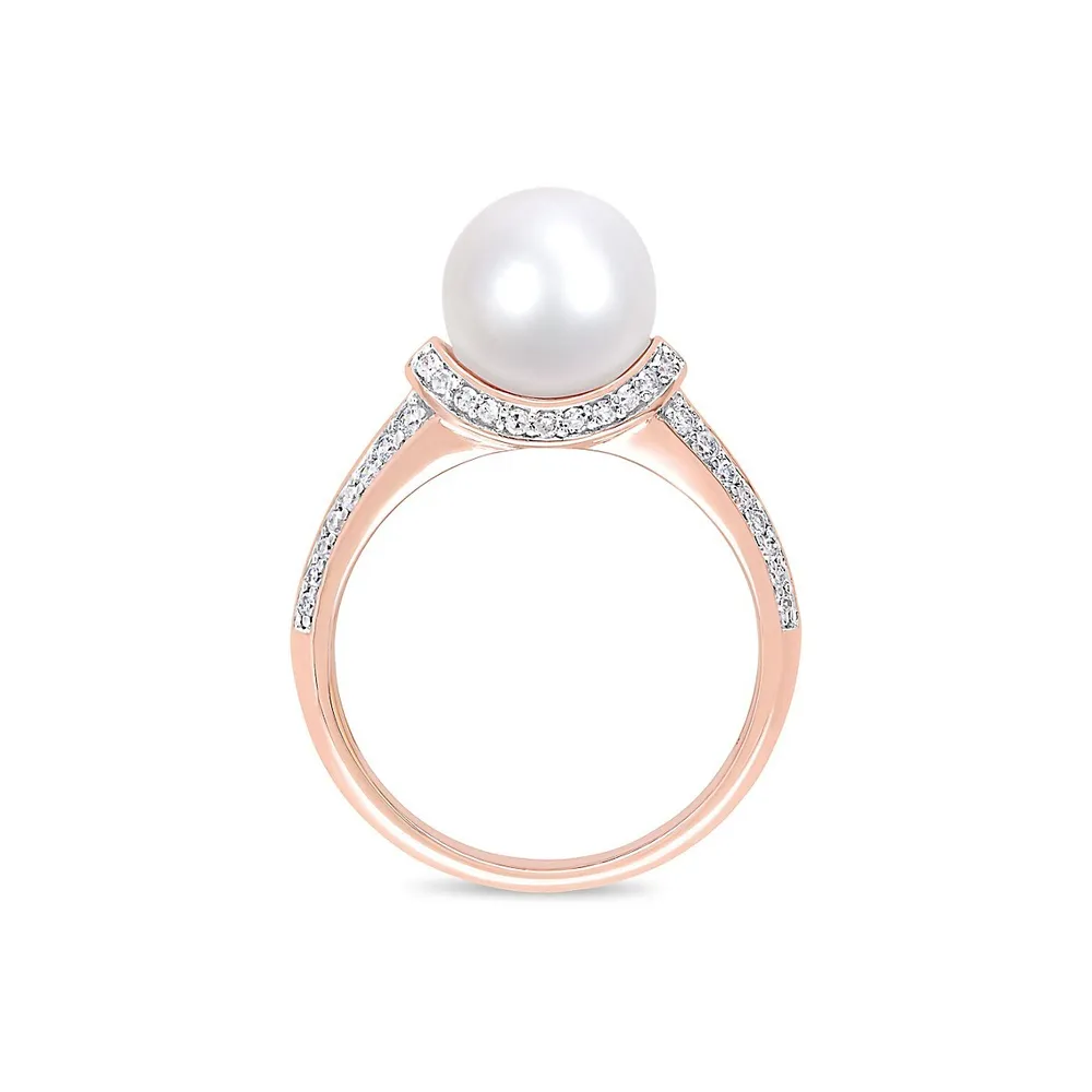 10K Rose Gold, 9-9.5MM White Freshwater Pearl & 0.33 CT. T.W. Diamond Ring