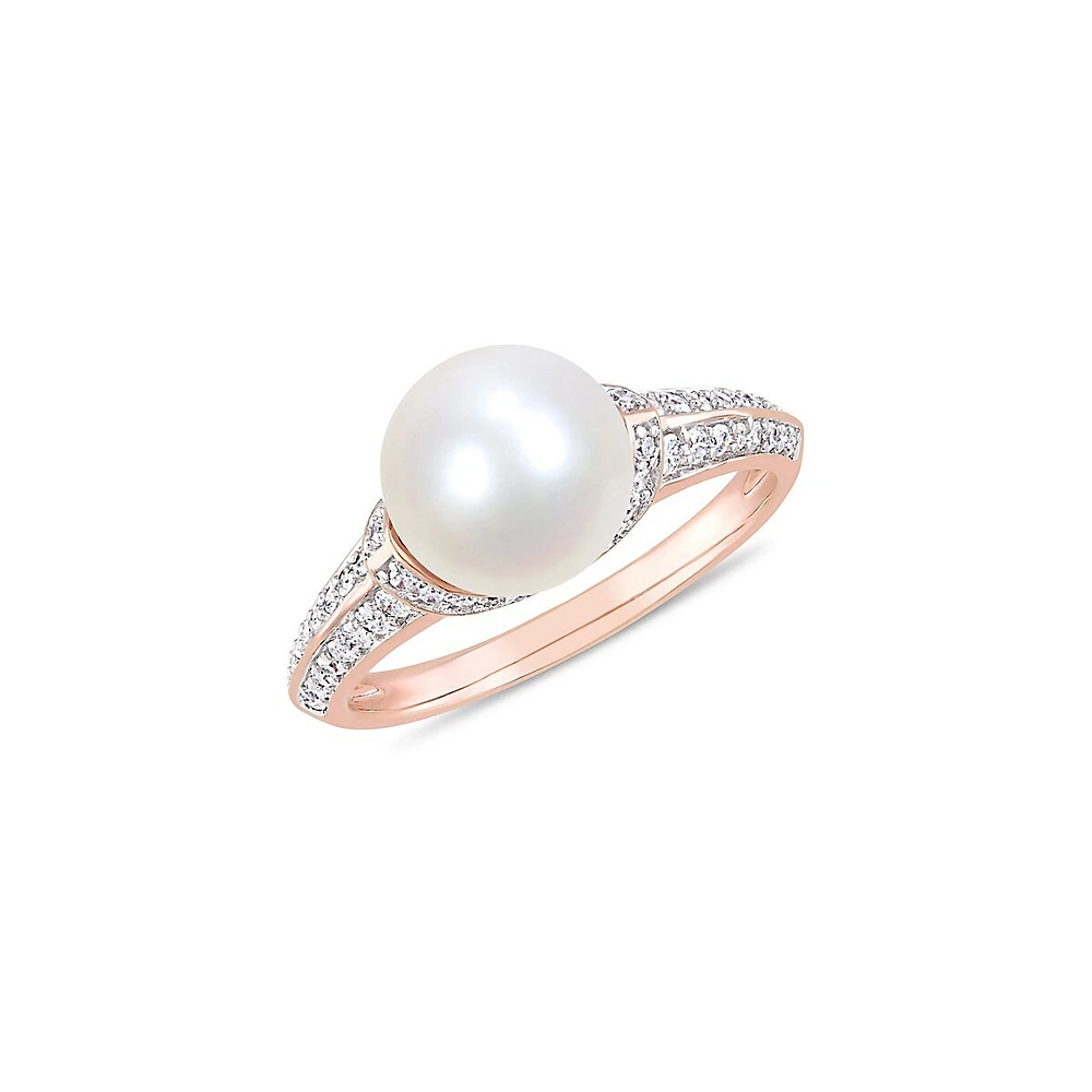 10K Rose Gold, 9-9.5MM White Freshwater Pearl & 0.33 CT. T.W. Diamond Ring