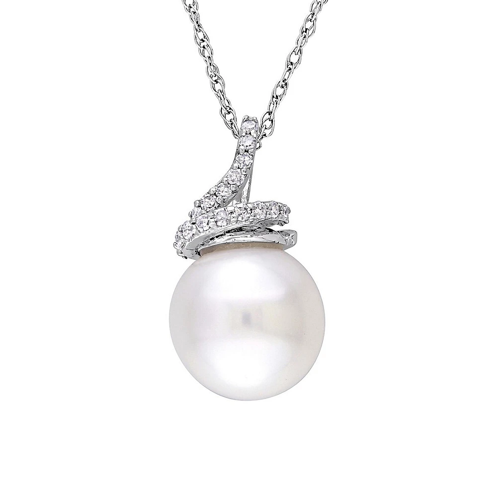 Collier à pendentif en or blanc 10 ct, perle d'eau douce de culture 9-9,5 mm et diamants 0,1 ct PT