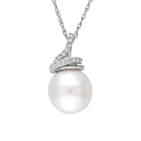 10K White Gold, 9MM-9.5MM Cultured Freshwater Pearl & 0.1 CT. T.W. Diamond Pendant Necklace