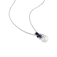 10K White Gold, Sapphire, White Cultured Freshwater Pearl & 0.03 CT. T.W. Diamond Necklace