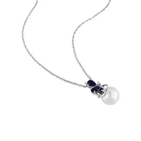 Collier en or blanc 10 ct à perle d'eau douce cultivée blanche, saphirs et diamants 0,03 ct PT