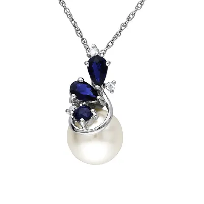 10K White Gold, Sapphire, White Cultured Freshwater Pearl & 0.03 CT. T.W. Diamond Necklace
