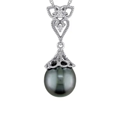 14K White Gold Vintage Drop Pendant with 9-9.5MM Tahitian Cultured Pearls and 0.03 CT. T.W. Diamonds