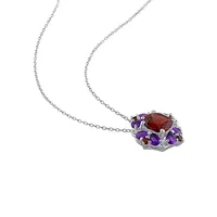 Sterling Silver, Garnet & Amethyst Floral Pendant Necklace