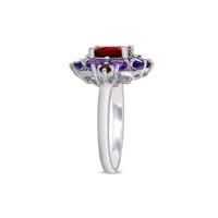 Sterling Silver, Garnet & Amethyst Quatrefoil Floral Ring