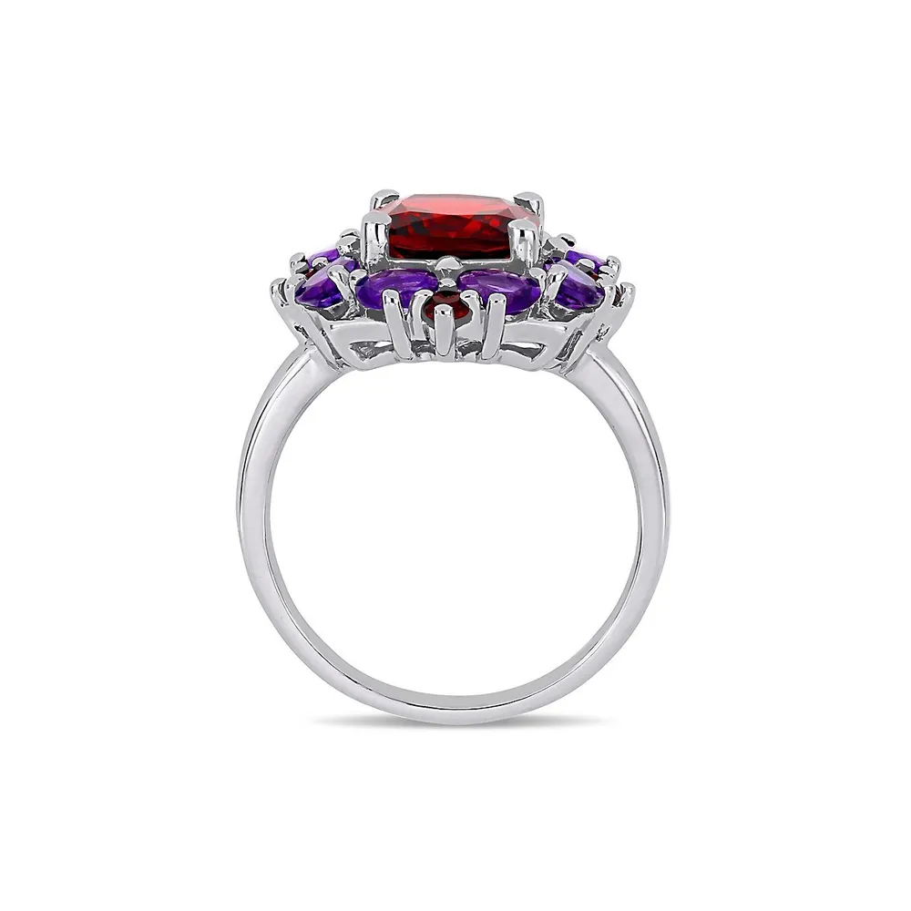 Sterling Silver, Garnet & Amethyst Quatrefoil Floral Ring