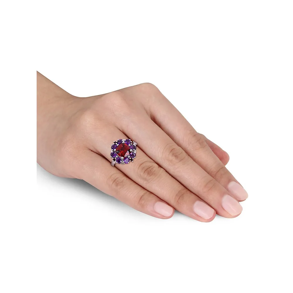 Sterling Silver, Garnet & Amethyst Quatrefoil Floral Ring