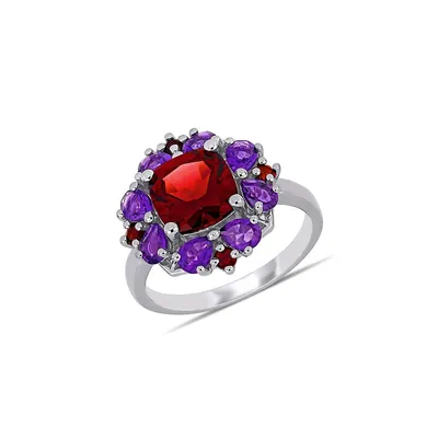 Sterling Silver, Garnet & Amethyst Quatrefoil Floral Ring