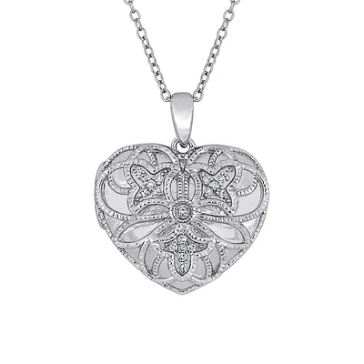 Collier en argent sterling avec médaillon en cœur gravé en filigrane et diamants 0,08 ct PT