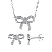 2-Piece Sterling Silver 0.1 CT. T.W. Diamond Bow Necklace and Stud Earrings Set