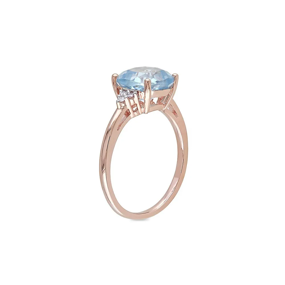 Bague en or rose 10 ct avec topaze bleue de taille coussin et diamants 0,06 PT