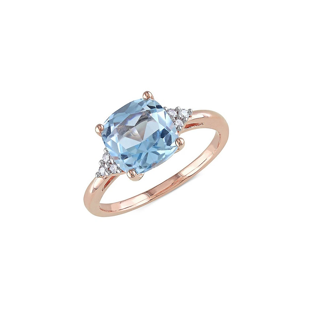 Bague en or rose 10 ct avec topaze bleue de taille coussin et diamants 0,06 PT