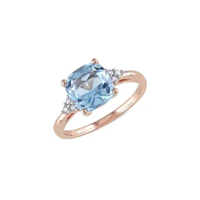 Bague en or rose 10 ct avec topaze bleue de taille coussin et diamants 0,06 PT