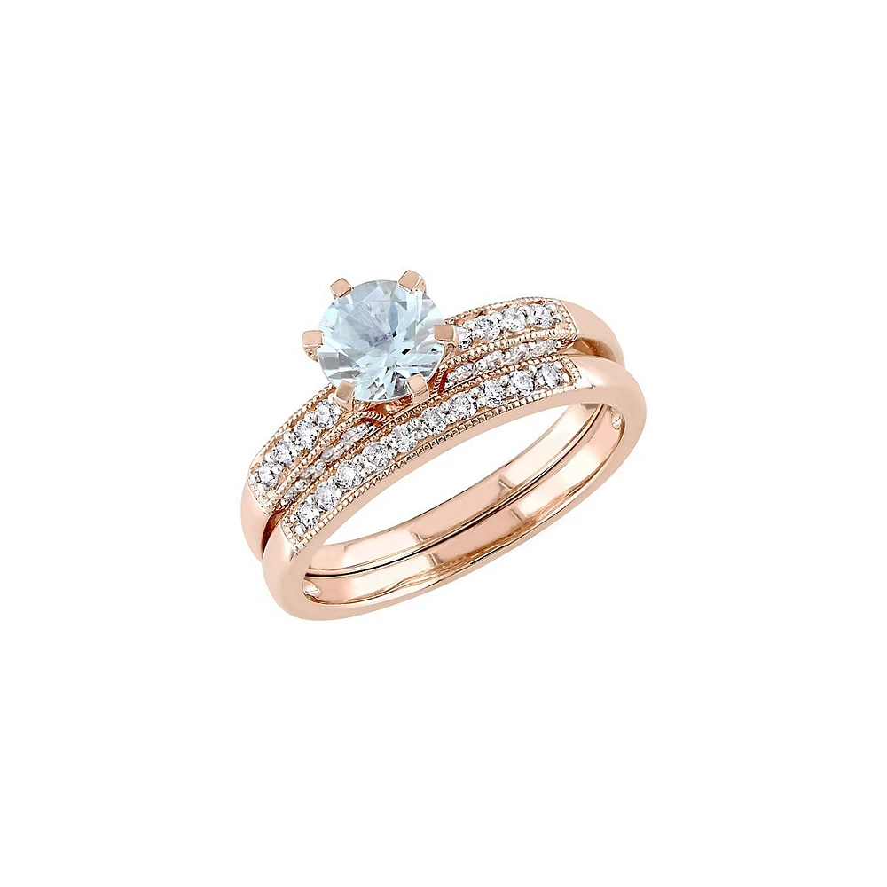 Ensemble de bagues nuptiales en or rose 10 ct avec aigue-marine et diamants 0,33 PT