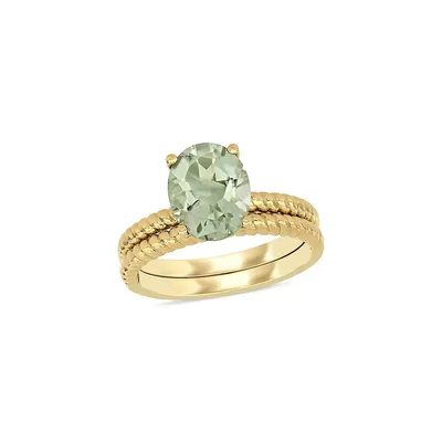 14K Yellow Gold & Green Amethyst Twisted Stackable Bridal Band Ring Set