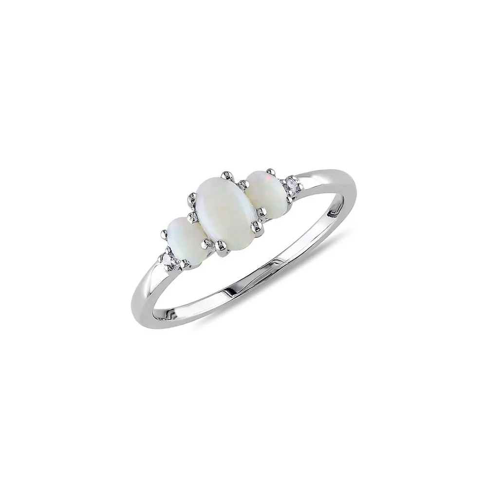 10K White Gold Oval 3-Stone Opal & 0.02 CT. T.W. Diamond Ring