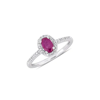 10K White Gold, Ruby & 0.12 CT. T.W. Diamond Halo Ring