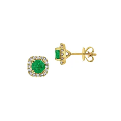 14K Yellow Gold, Emerald & 0.33 CT. T.W. Diamond Halo Stud Earrings
