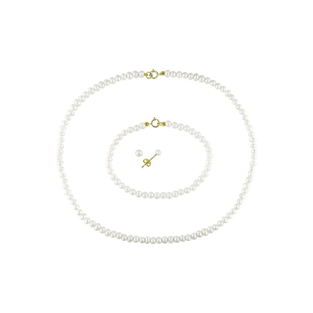 Baby's 10K Yellow Gold & 3-4MM Freshwater Pearl Stud Earrings, Necklace & Bracelet Set