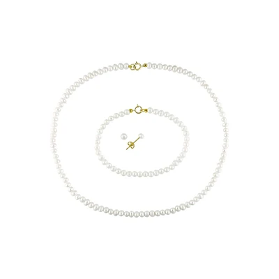 Baby's 10K Yellow Gold & 3-4MM Freshwater Pearl Stud Earrings, Necklace & Bracelet Set