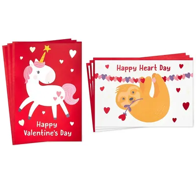 Valentines Day Cards Assortment For Kids, Unicorn And Sloth (6 Valentine's Day Cards With Envelopes)