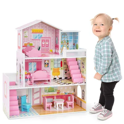 Kids Wooden Dollhouse Playset With 5 Simulated Rooms & 10 Pieces Of Furniture