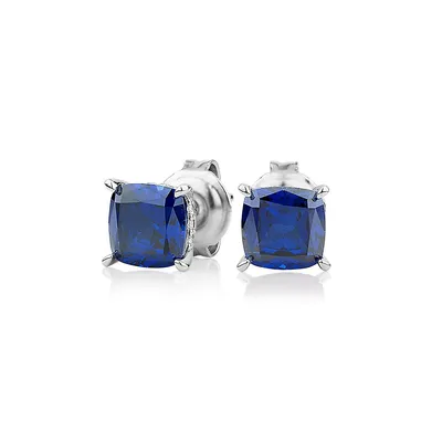 Cushion And Round Brilliant Stud Earrings With Signature Simulant Sapphire And Diamonds In Sterling Silver