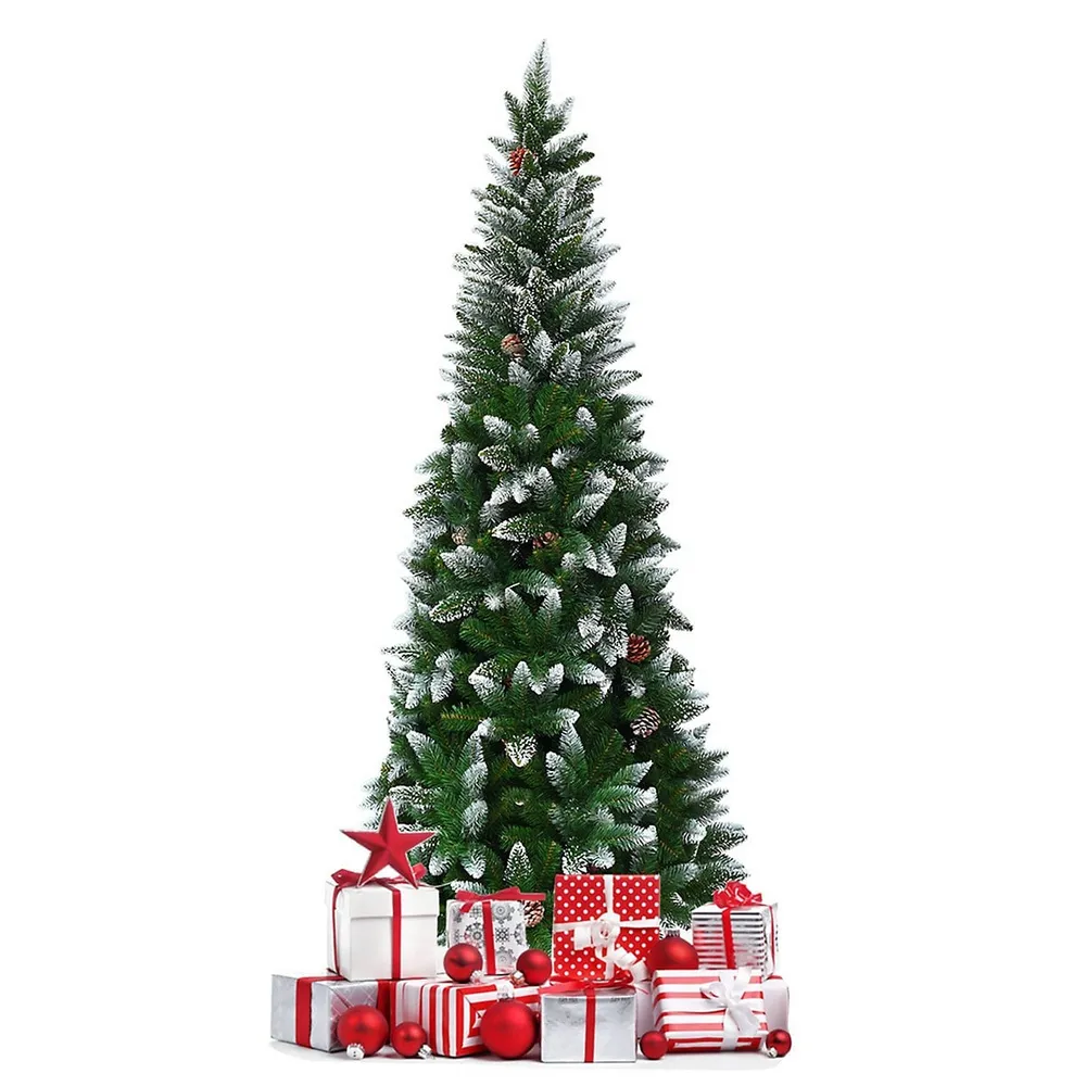 7 Feet Snow Flocked Christmas Tree with Pine Cone and Red Berries - Costway