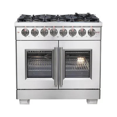 Capriasca Dual Fuel 36" Inch. Freestanding French Door Range 6 Burners Cooktop And 5.36 Cu.ft. Electric Convection Oven - Stainless Steel Stove Range Heavy Duty Cast Iron Grates - FFSGS6387-36