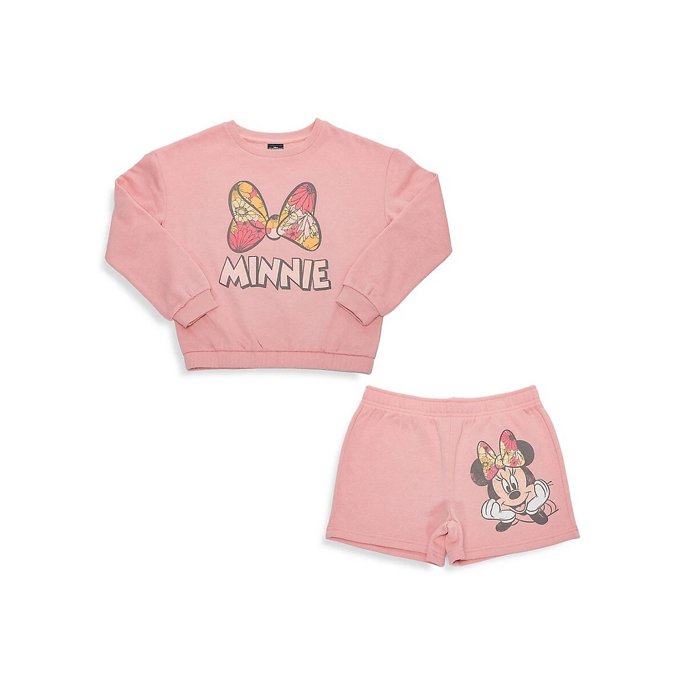 Girl's Disney Minnie Bow Floral Sweatshirt & Shorts 2-Piece Set