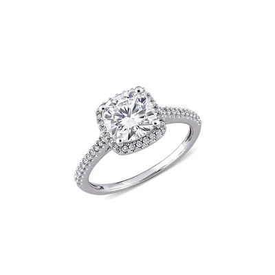 14K White Gold Cushion-Cut Created Moissanite and 0.25 CT. T.W. Diamond Halo Engagement Ring