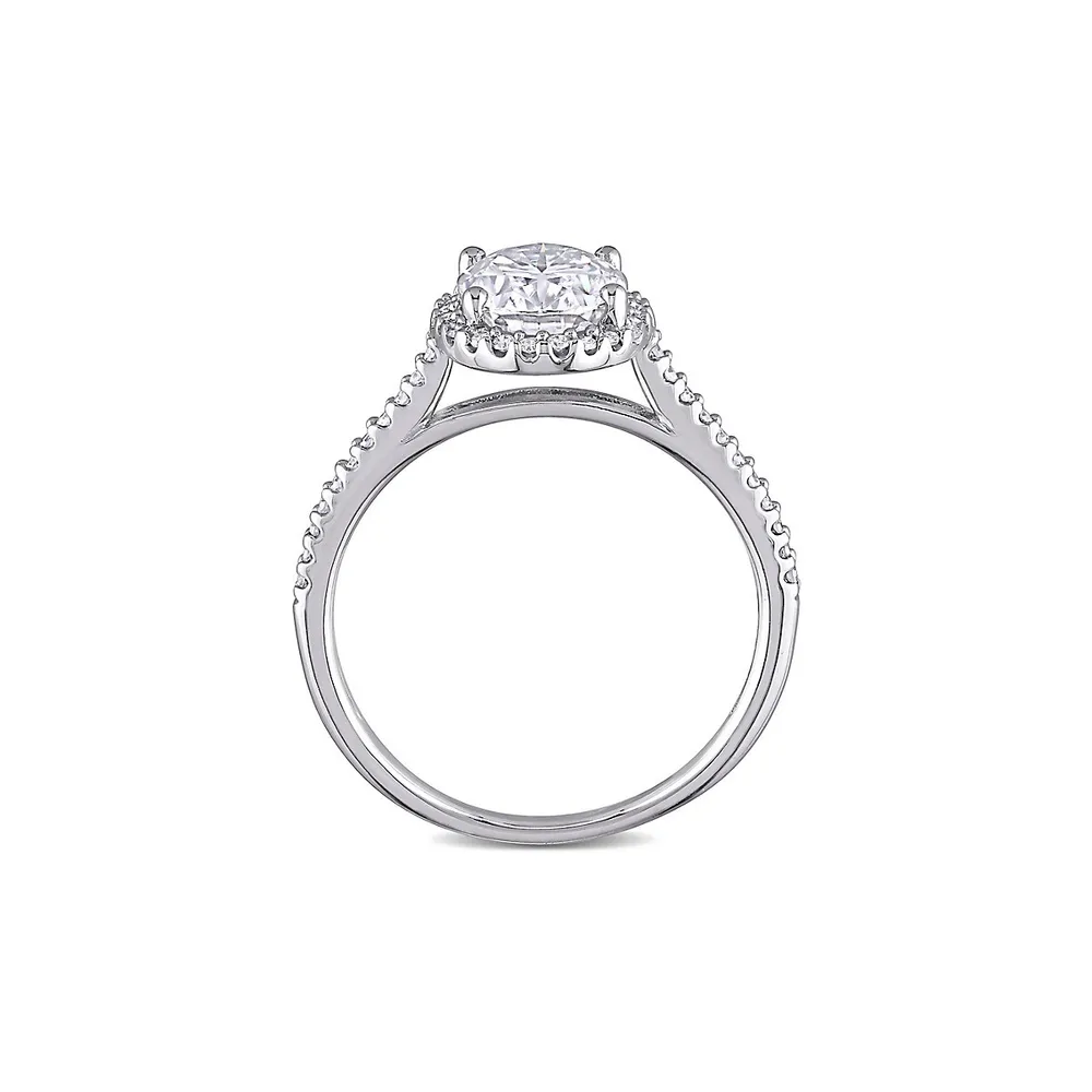 14K White Gold Oval Created Moissanite and 0.25 CT. T.W. Diamond Halo Engagement Ring