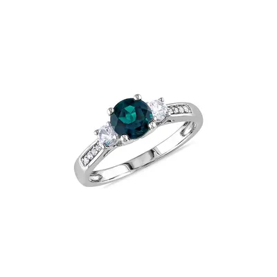 10K White Gold Created Emerald, Sapphire and 0.05 CT. T.W. Diamond 3-Stone Ring