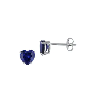 Created Sapphire & 10K White Gold Heart Stud Earrings