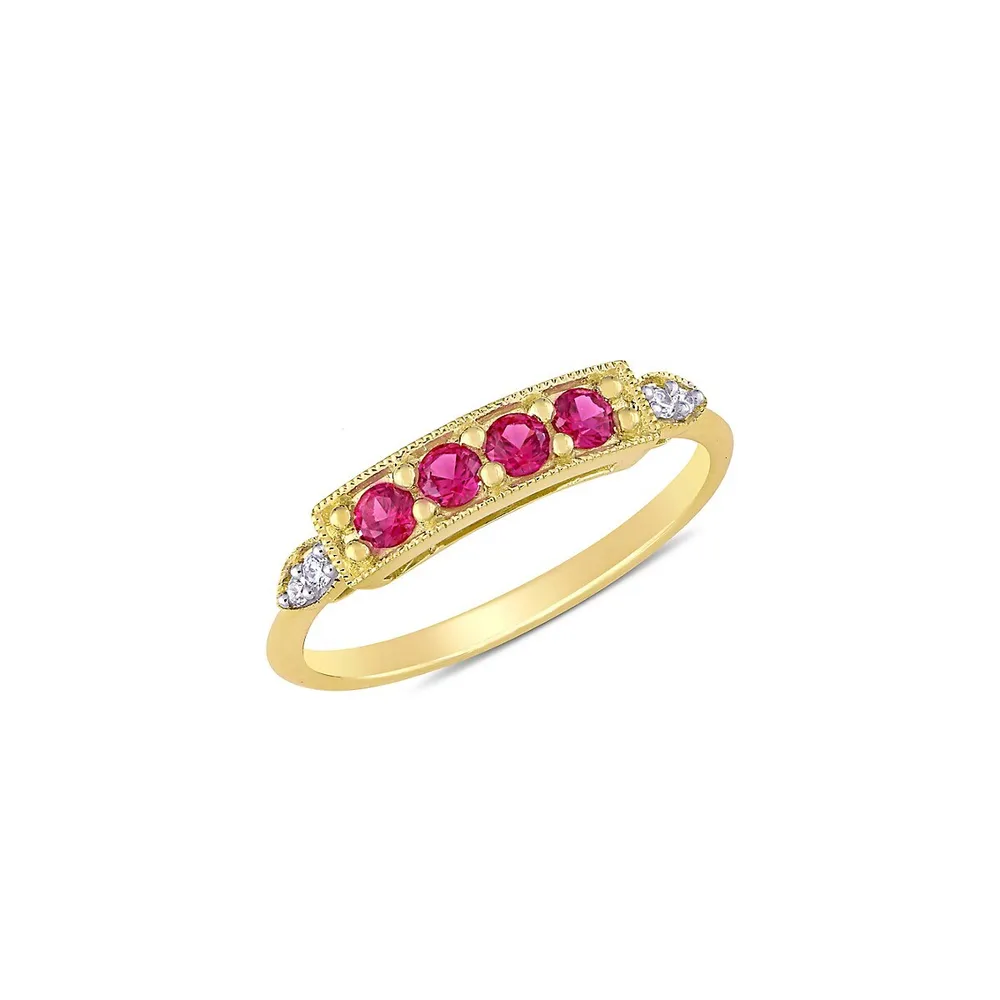 0.04 CT. T.W Diamond, Created Ruby, & 10K Yellow Gold Ring