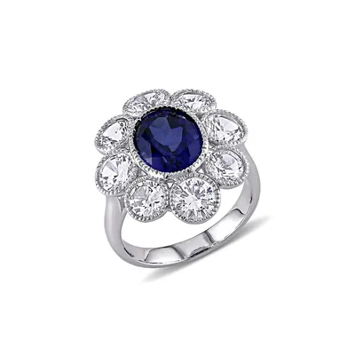 10K White Gold Created Blue & Creaated Sapphire Floral Ring