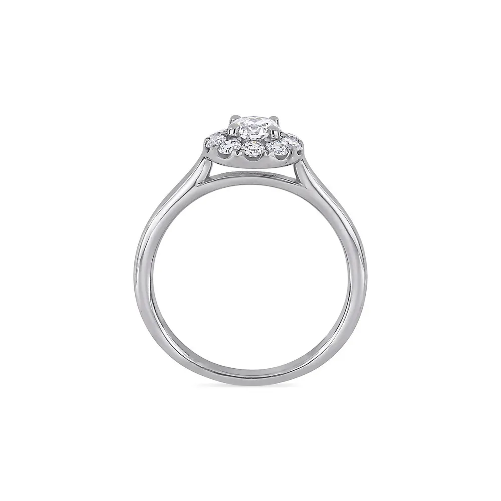 Bague de fiançailles à pourtour en or blanc 14 ct avec halo diamant créé laboratoire 0,75 poids total X