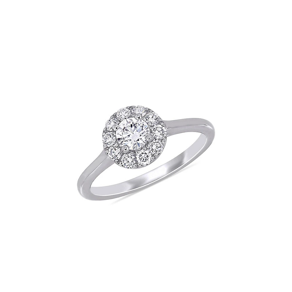 Bague de fiançailles à pourtour en or blanc 14 ct avec halo diamant créé laboratoire 0,75 poids total X